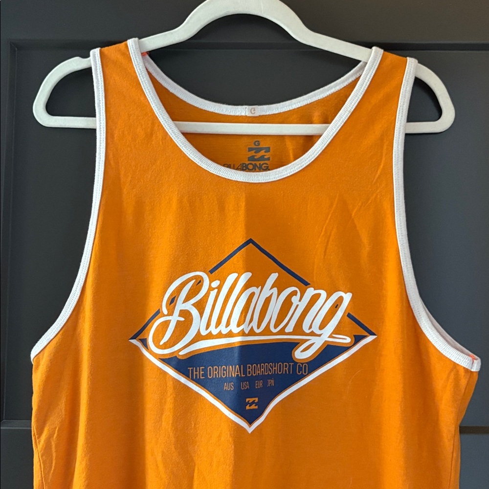 Vintage Men's Billabong vibrant Orange Tank top, white trim + graphic details - Picture 3 of 3